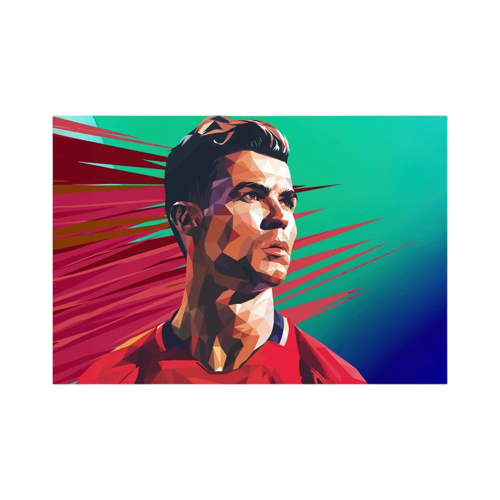 Geometric portrait of Cristiano Ronaldo in red against a green and burgundy speed-line background.