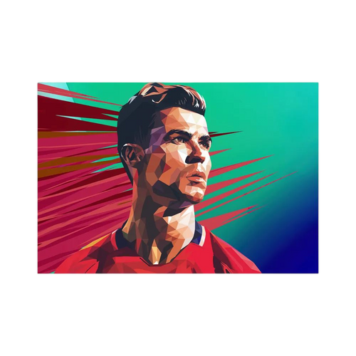 Geometric portrait of Cristiano Ronaldo in red against a green and burgundy speed-line background.