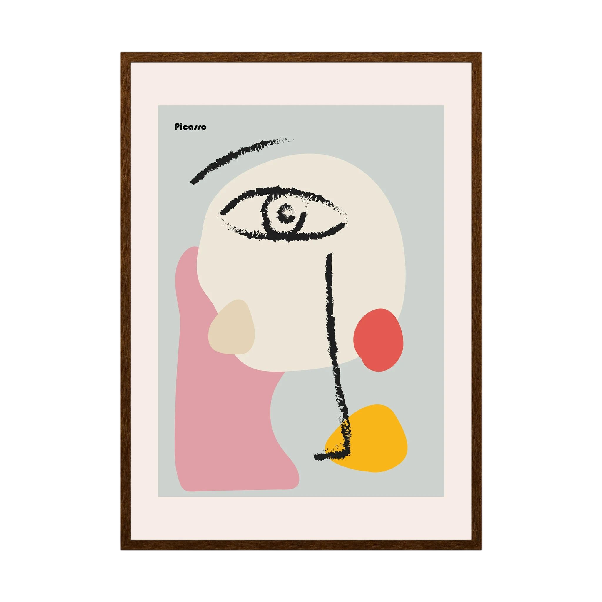 Abstract face reduced to a single eye and black brush marks over soft pink, cream, coral and yellow shapes, shown in product view 4.