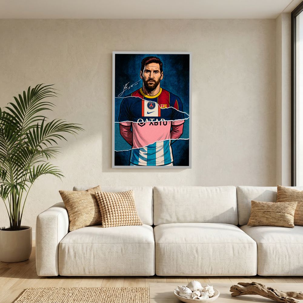 Alternative size view of football portrait with navy, red, pink and sky-blue torn-paper layers, shown in a white wooden frame.