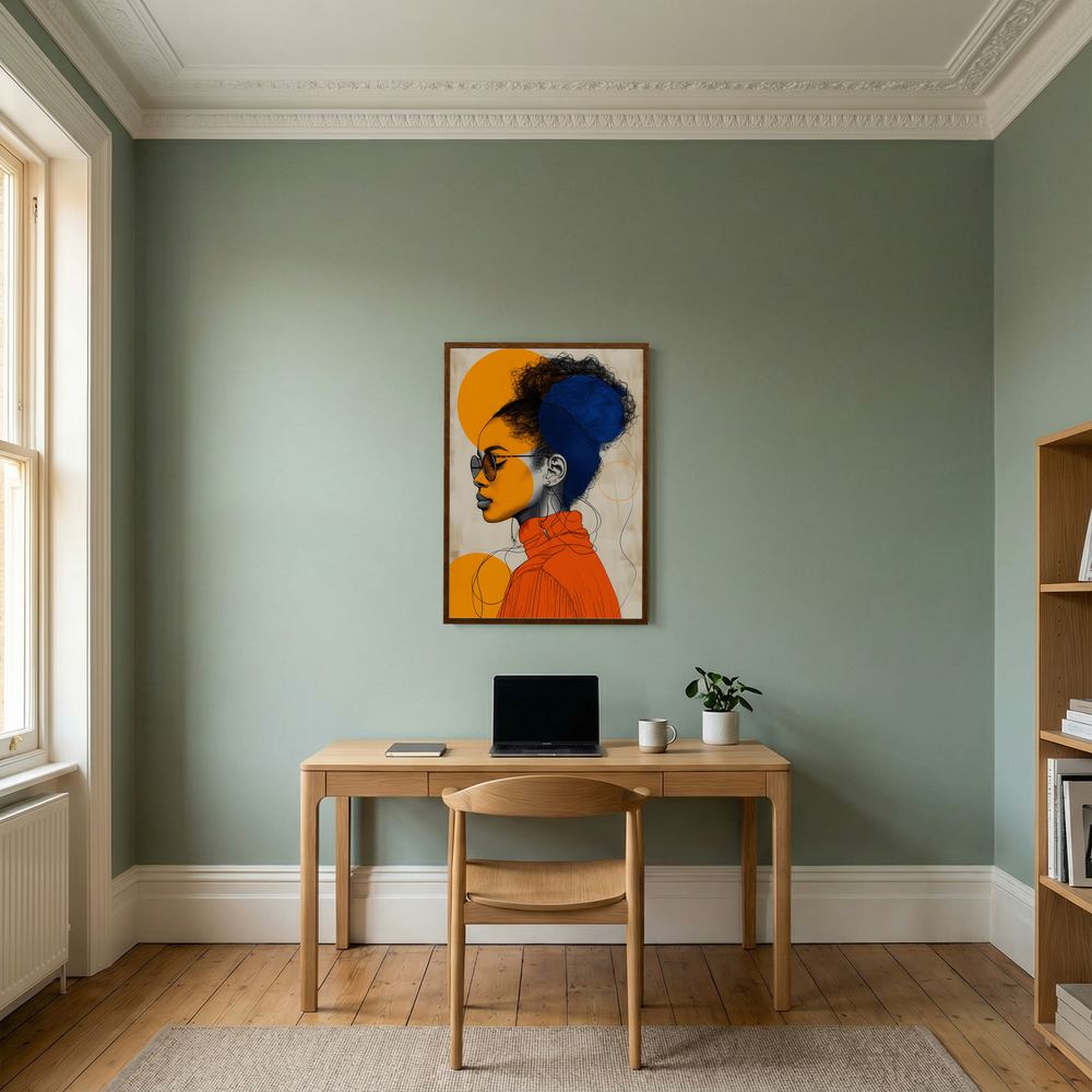 Solar Poise orange and blue fashion portrait print, product view 7.