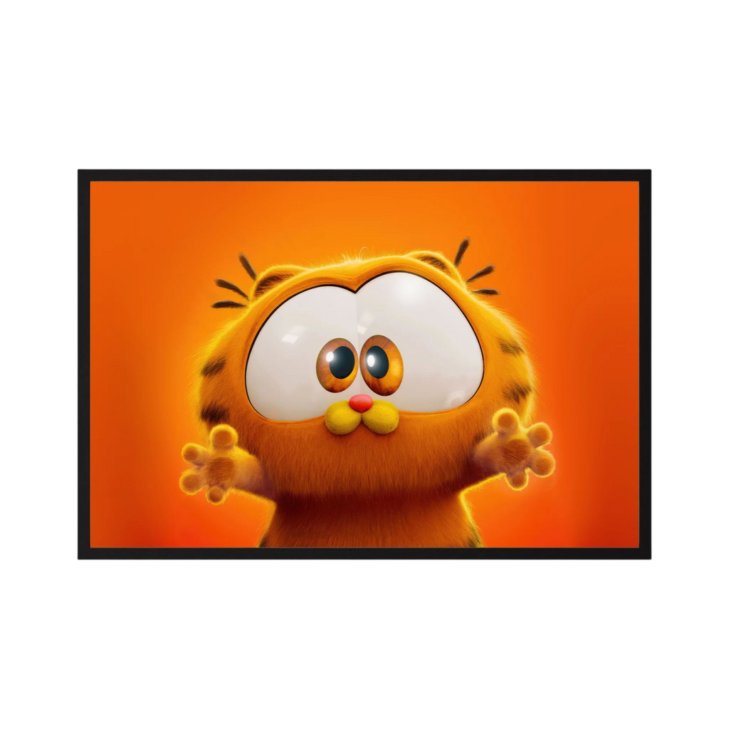 Wide-eyed orange cartoon cat reaches forward against a glowing orange background, shown in product view 4.