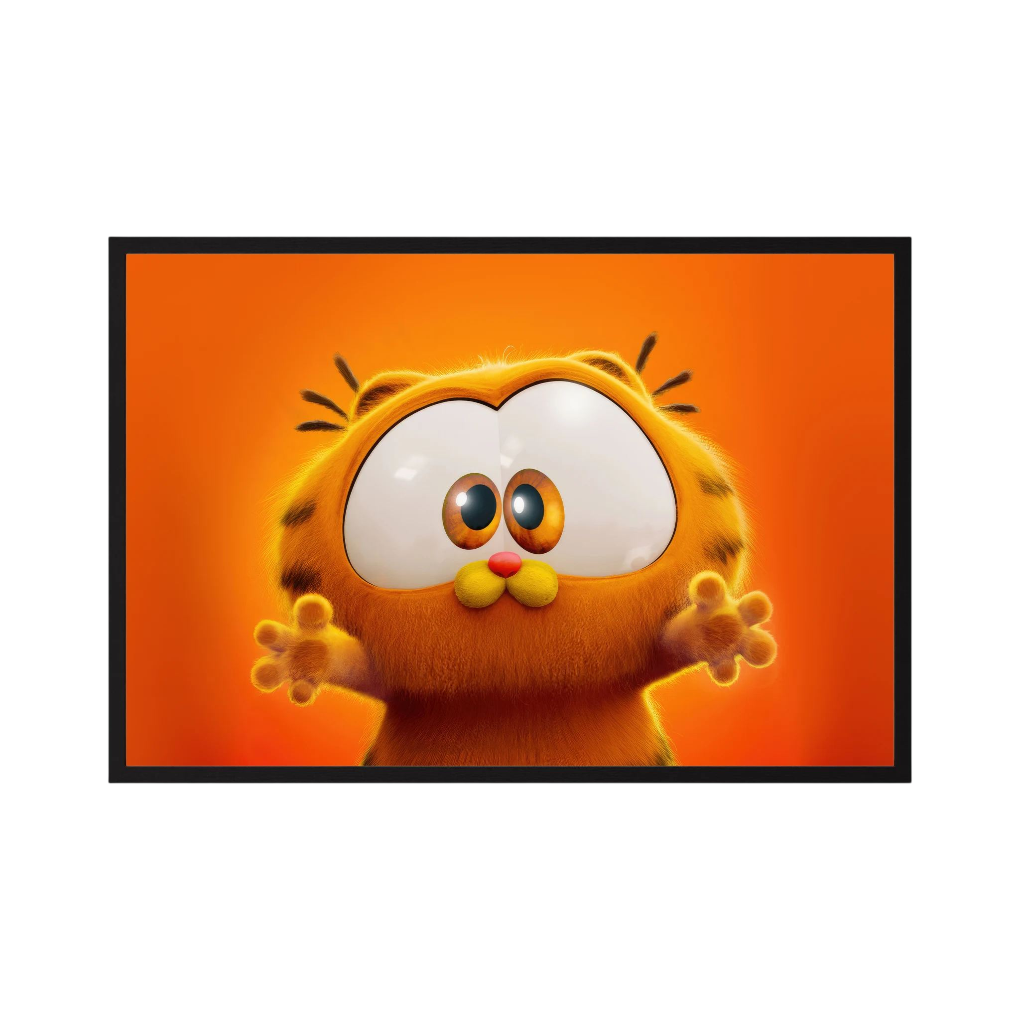 Wide-eyed orange cartoon cat reaches forward against a glowing orange background, shown in product view 4.