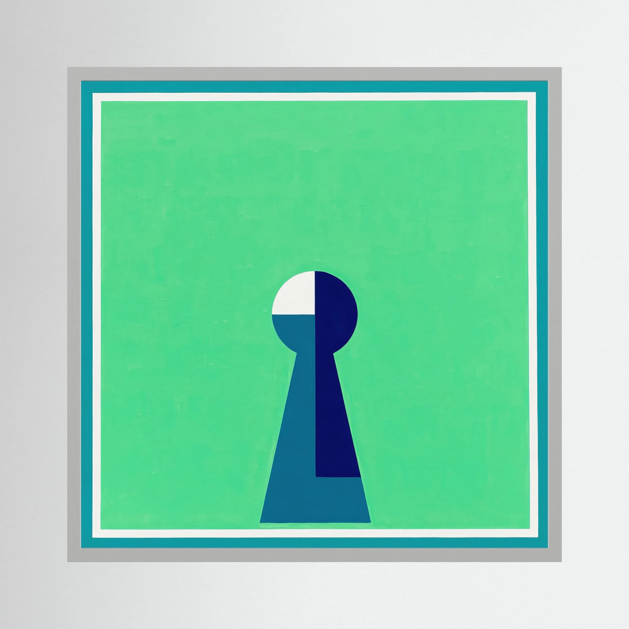 Minimal keyhole form in deep blue and white centred on a luminous green field, shown in product view 4.