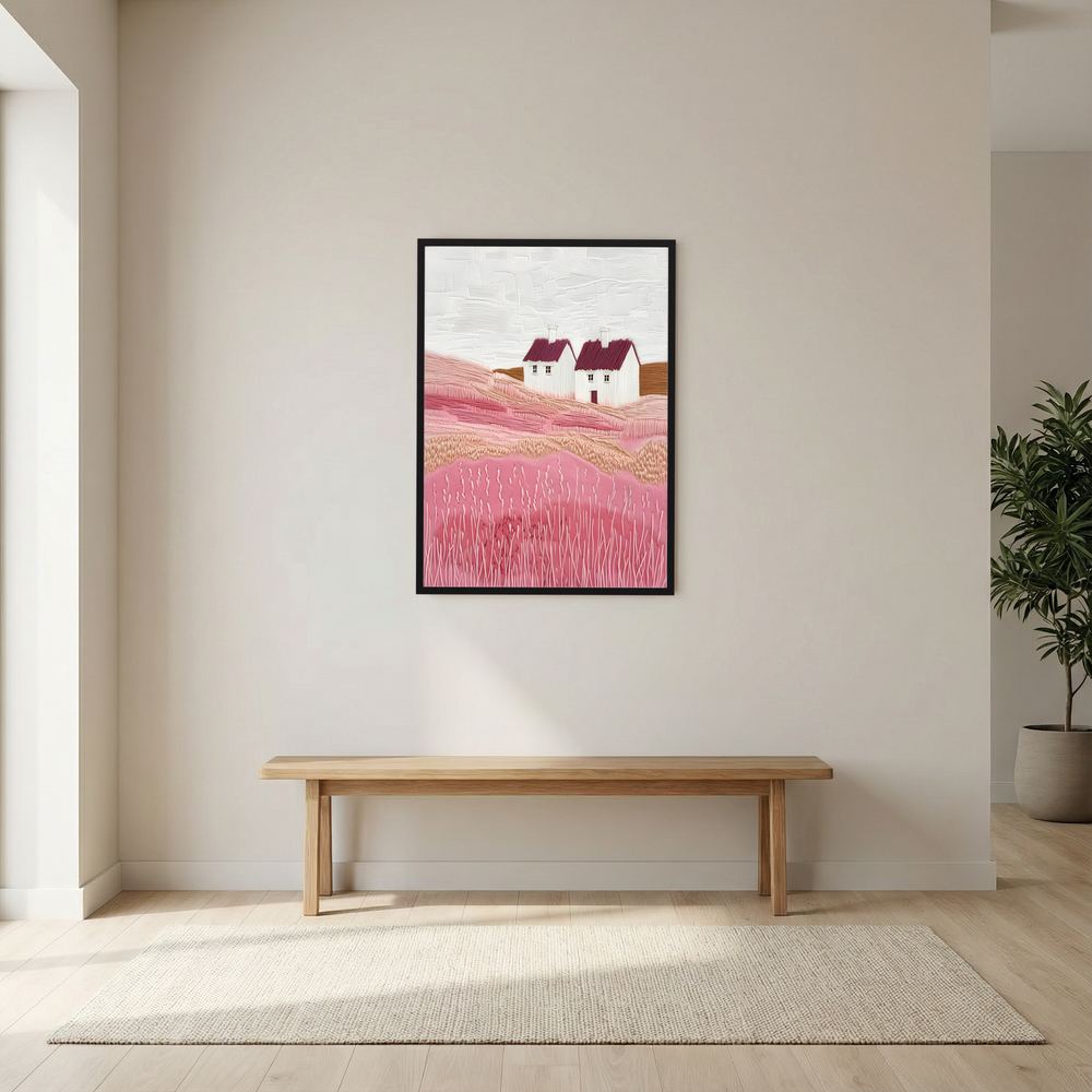 Rosefield Cottages pink countryside cottage art print, product view 7.