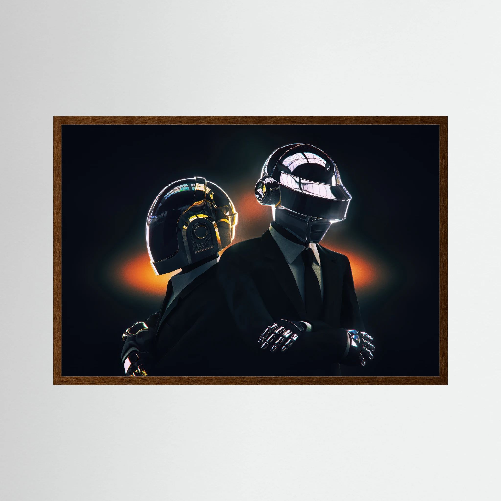 Two helmeted electronic music performers in black suits against a dark background.