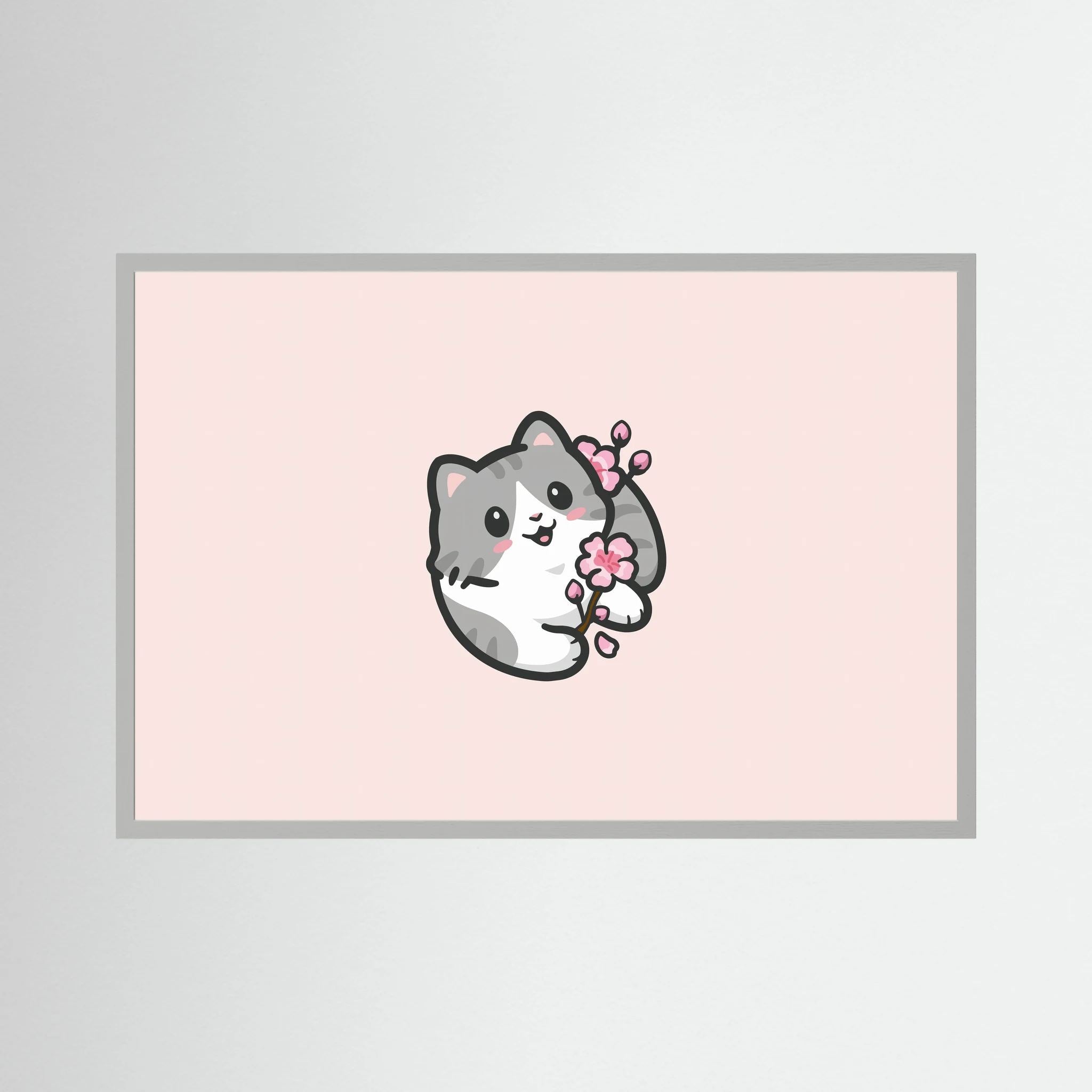 Small grey kitten holding pink blossom on a pale pink background.