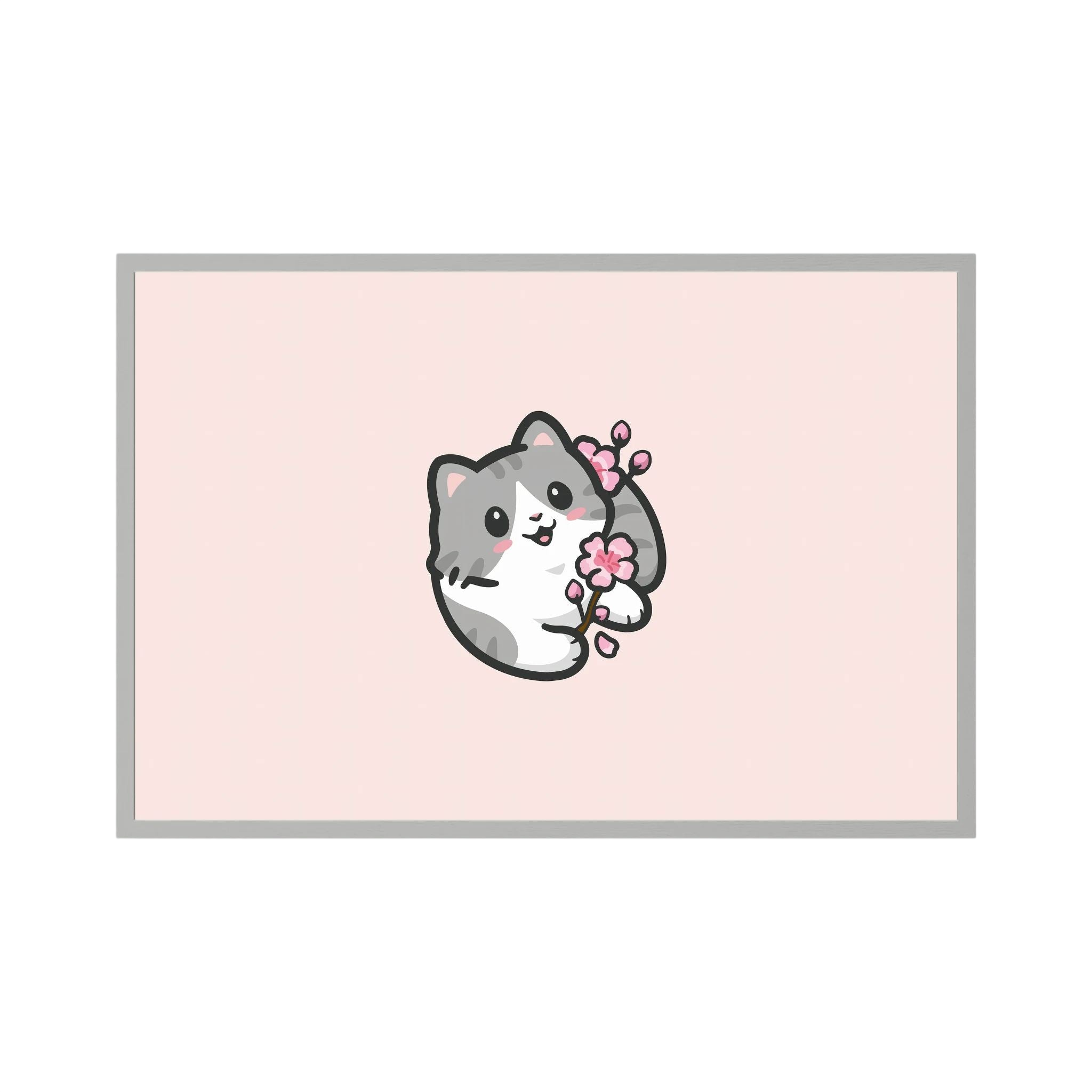 Small grey kitten holding pink blossom on a pale pink background.