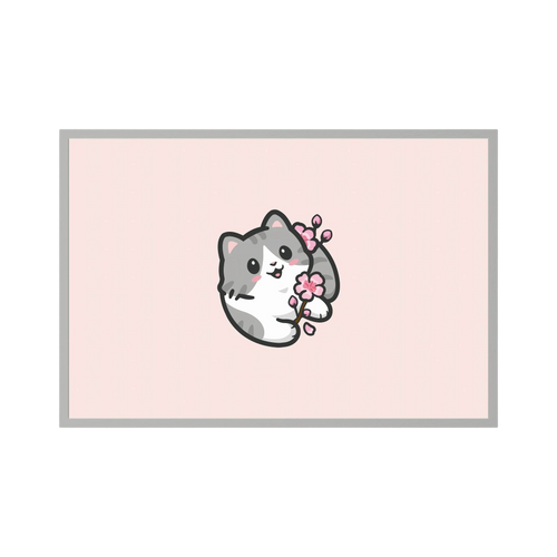 Small grey kitten holding pink blossom on a pale pink background.
