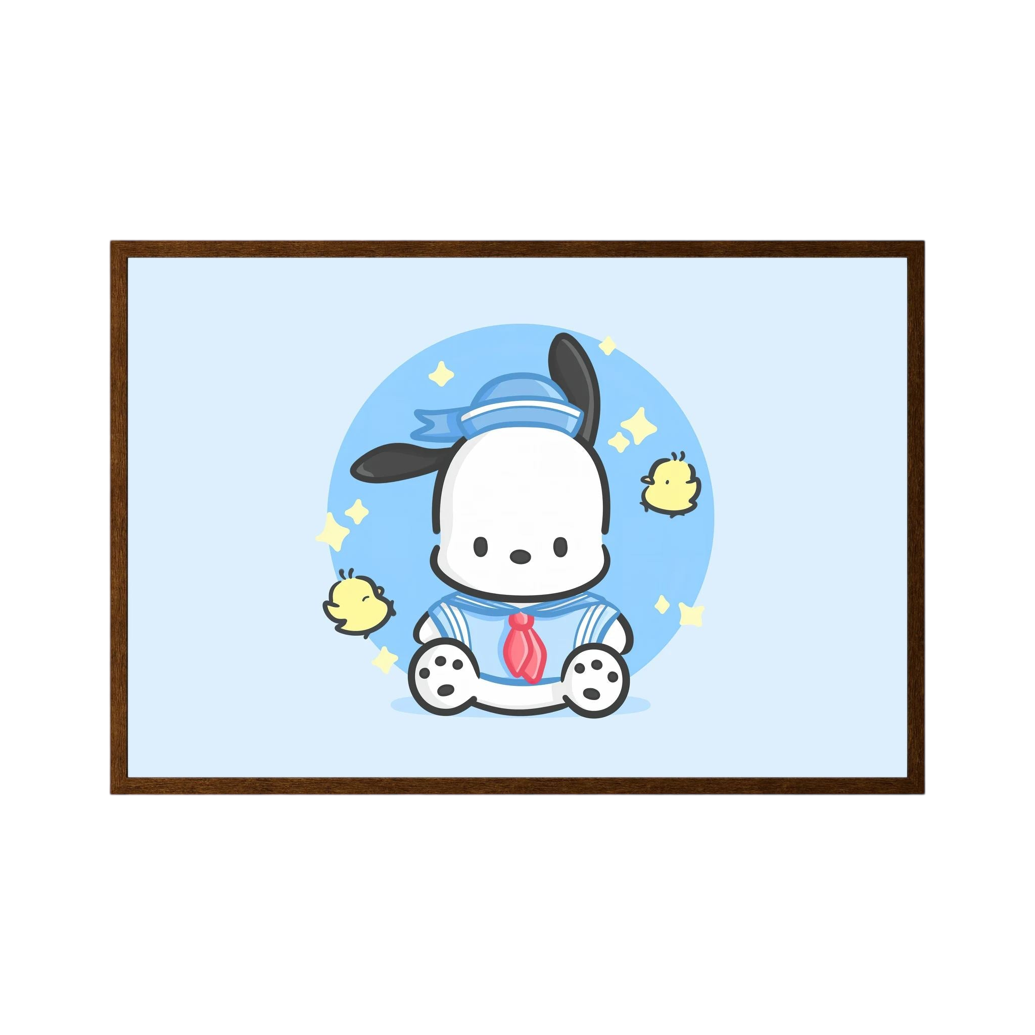 Cute white puppy in a blue sailor outfit sits among tiny yellow birds on a pale blue background, shown in product view 2.