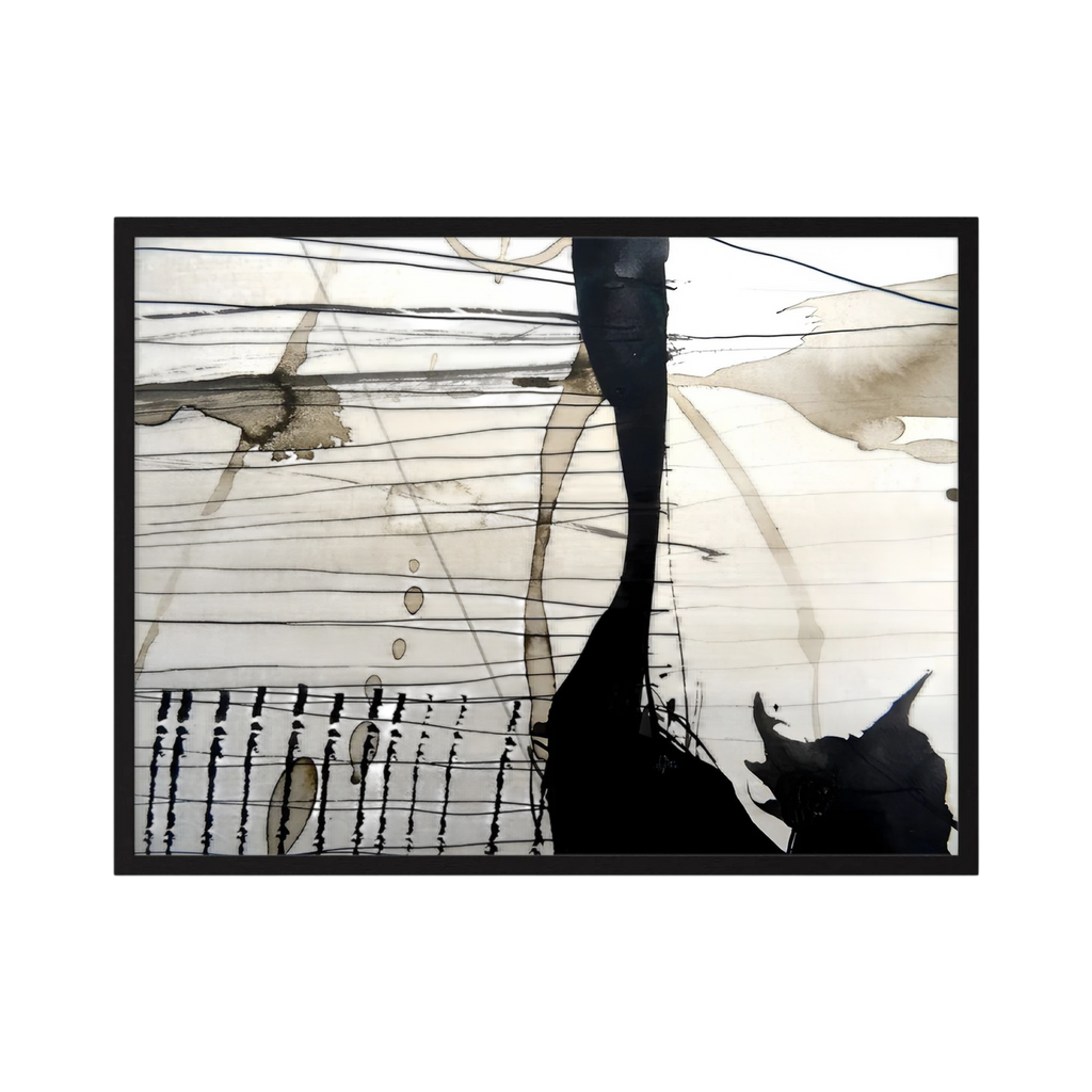 Black linear marks and translucent taupe washes create a wide abstract landscape, shown in product view 3.