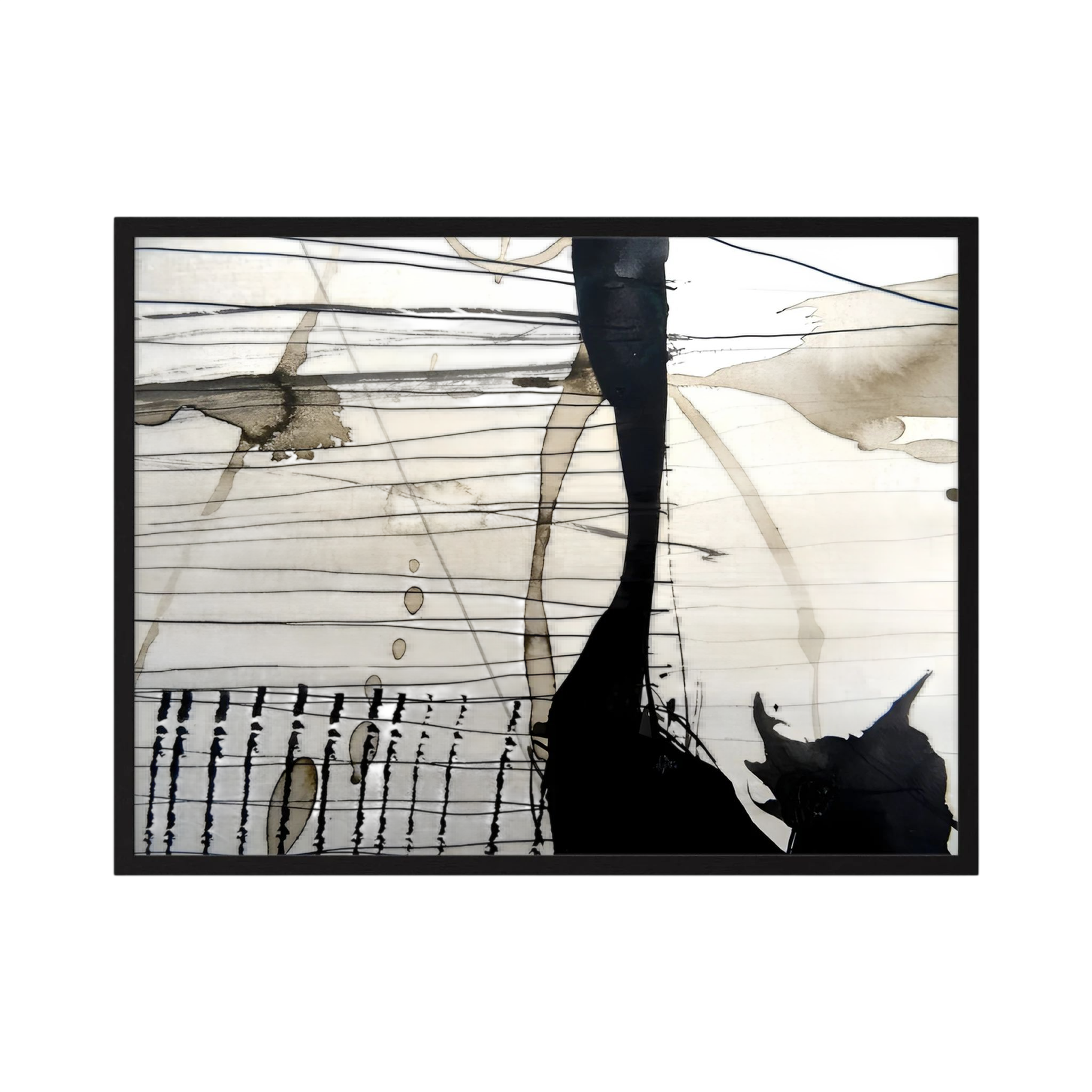 Black linear marks and translucent taupe washes create a wide abstract landscape, shown in product view 3.