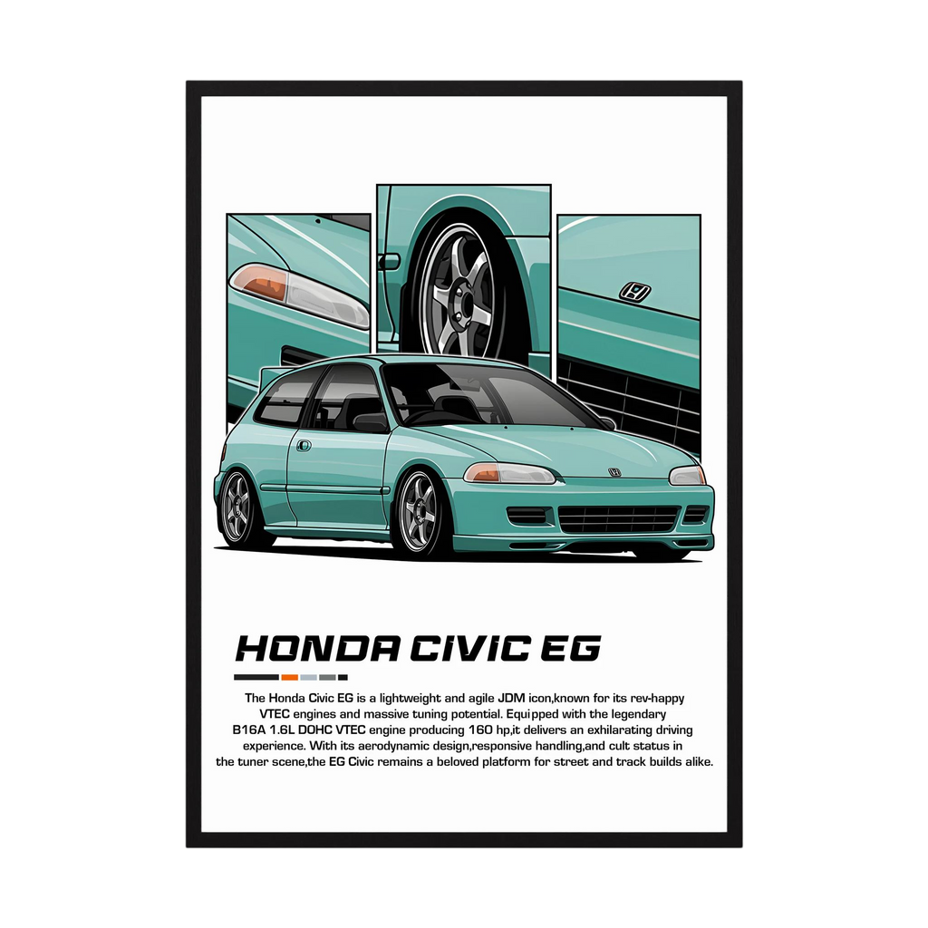 Mint green Honda Civic EG illustration with close-up wheel, headlight and body panels.