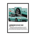 Mint green Honda Civic EG illustration with close-up wheel, headlight and body panels.