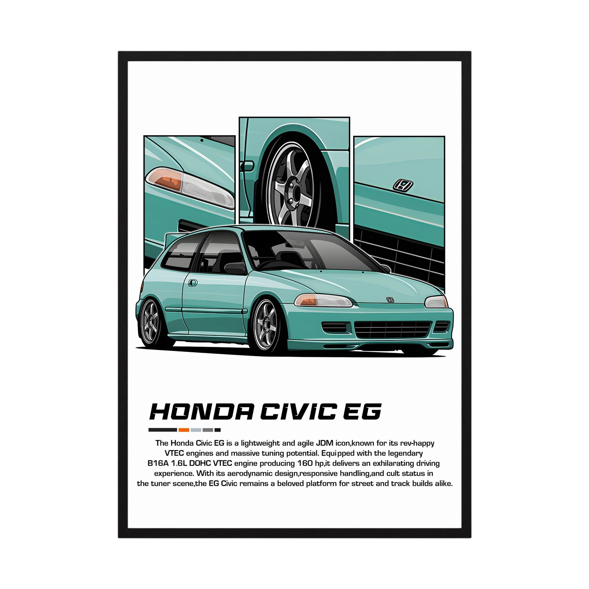 Mint green Honda Civic EG illustration with close-up wheel, headlight and body panels.