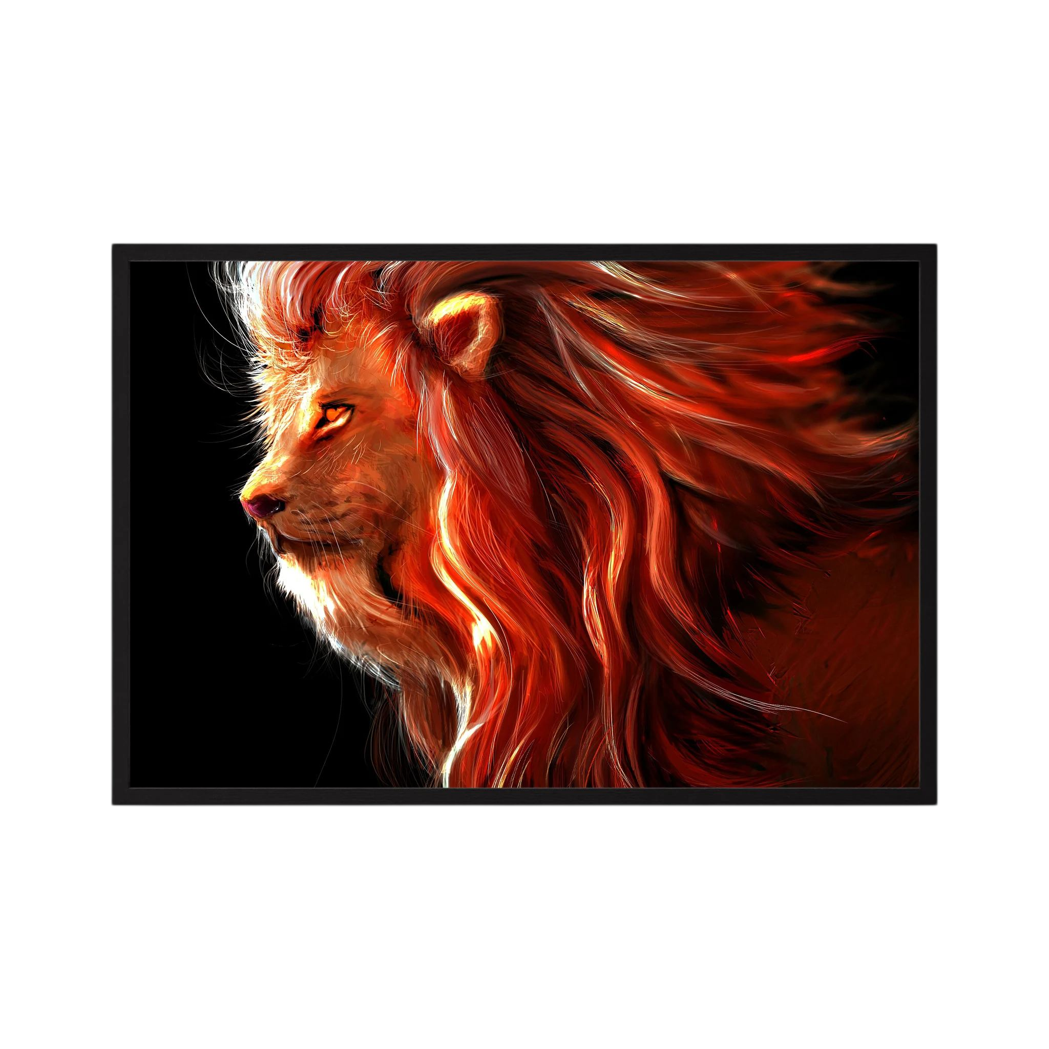 Fiery red and orange lion profile with a flowing illuminated mane on black.
