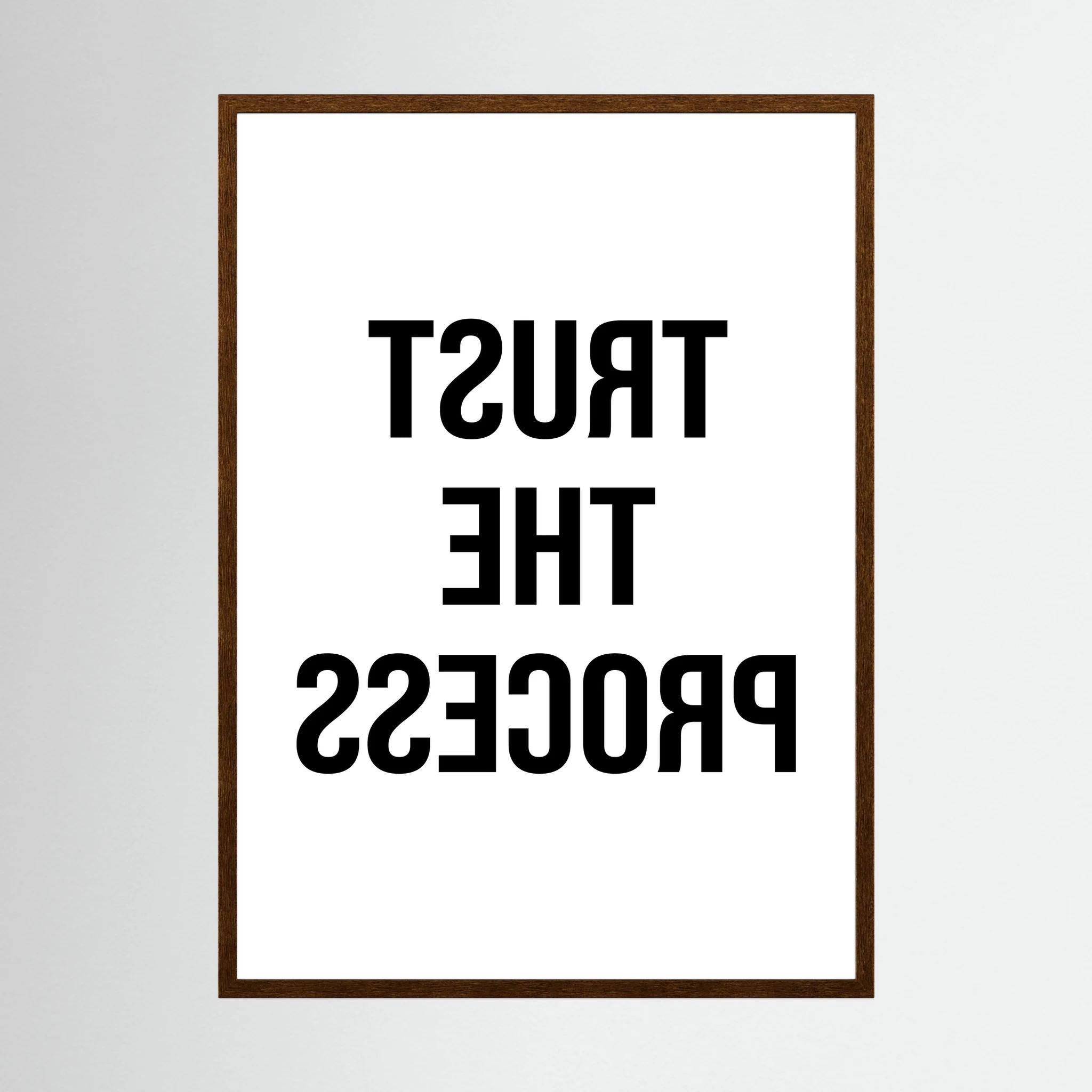 Black mirrored typography spells trust the process backwards against a clean white background, shown in product view 2.