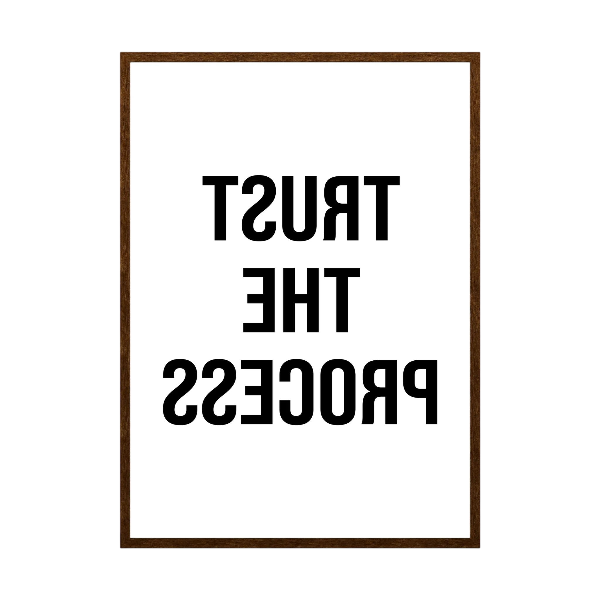 Black mirrored typography spells trust the process backwards against a clean white background, shown in product view 2.