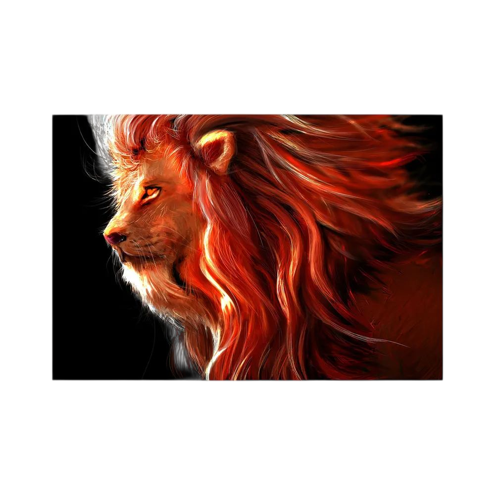 Fiery red and orange lion profile with a flowing illuminated mane on black.