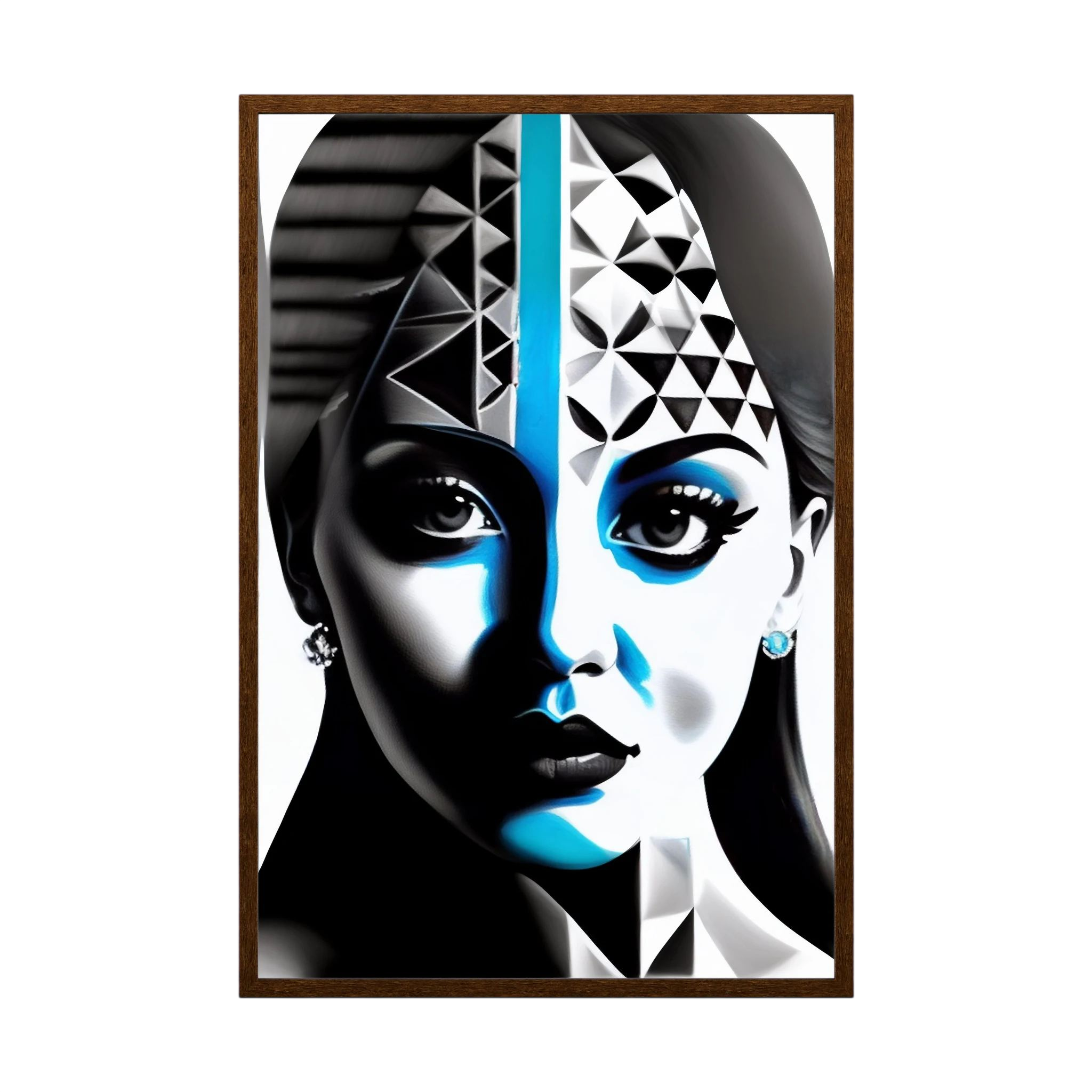 Stylised female face divided into black and white planes with cool blue accents and geometric details, shown in product view 4.