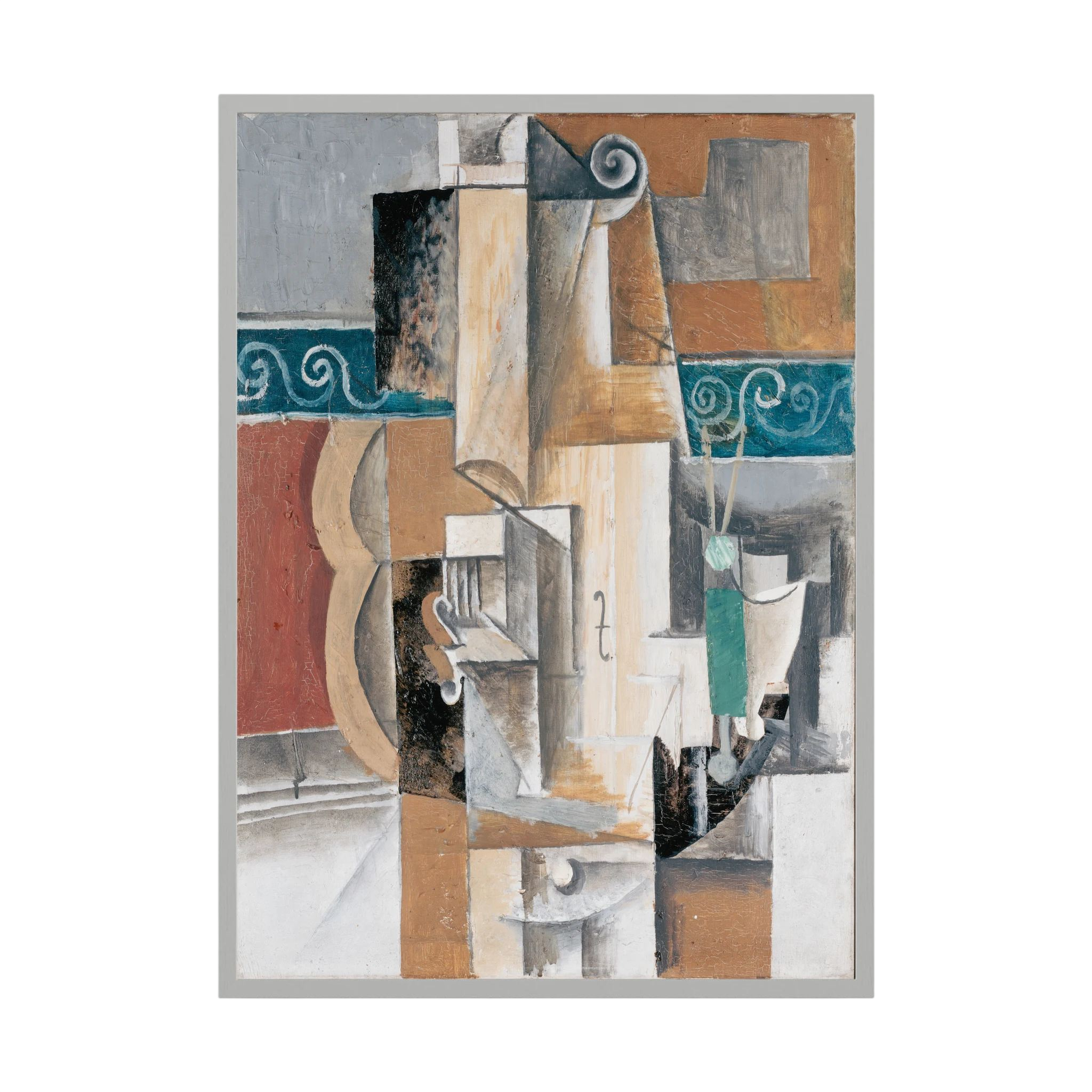 Layered cubist fragments in teal, terracotta, grey and cream include architectural blocks and curling motifs, shown in product view 2.