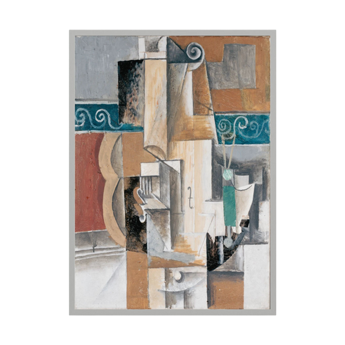 Layered cubist fragments in teal, terracotta, grey and cream include architectural blocks and curling motifs, shown in product view 2.