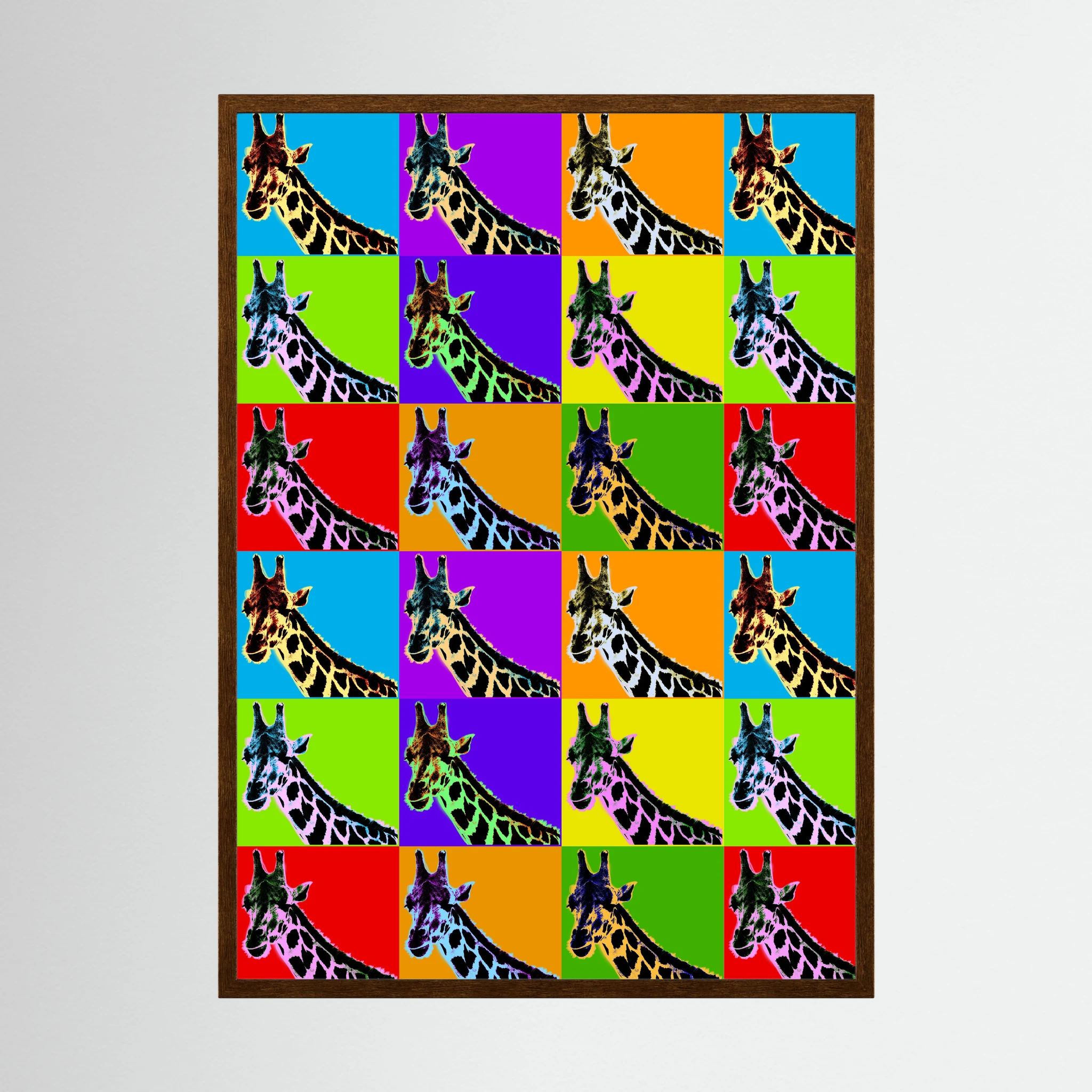 Grid of repeating giraffe portraits set against bright blue, purple, orange, green, yellow and red panels, shown in product view 4.
