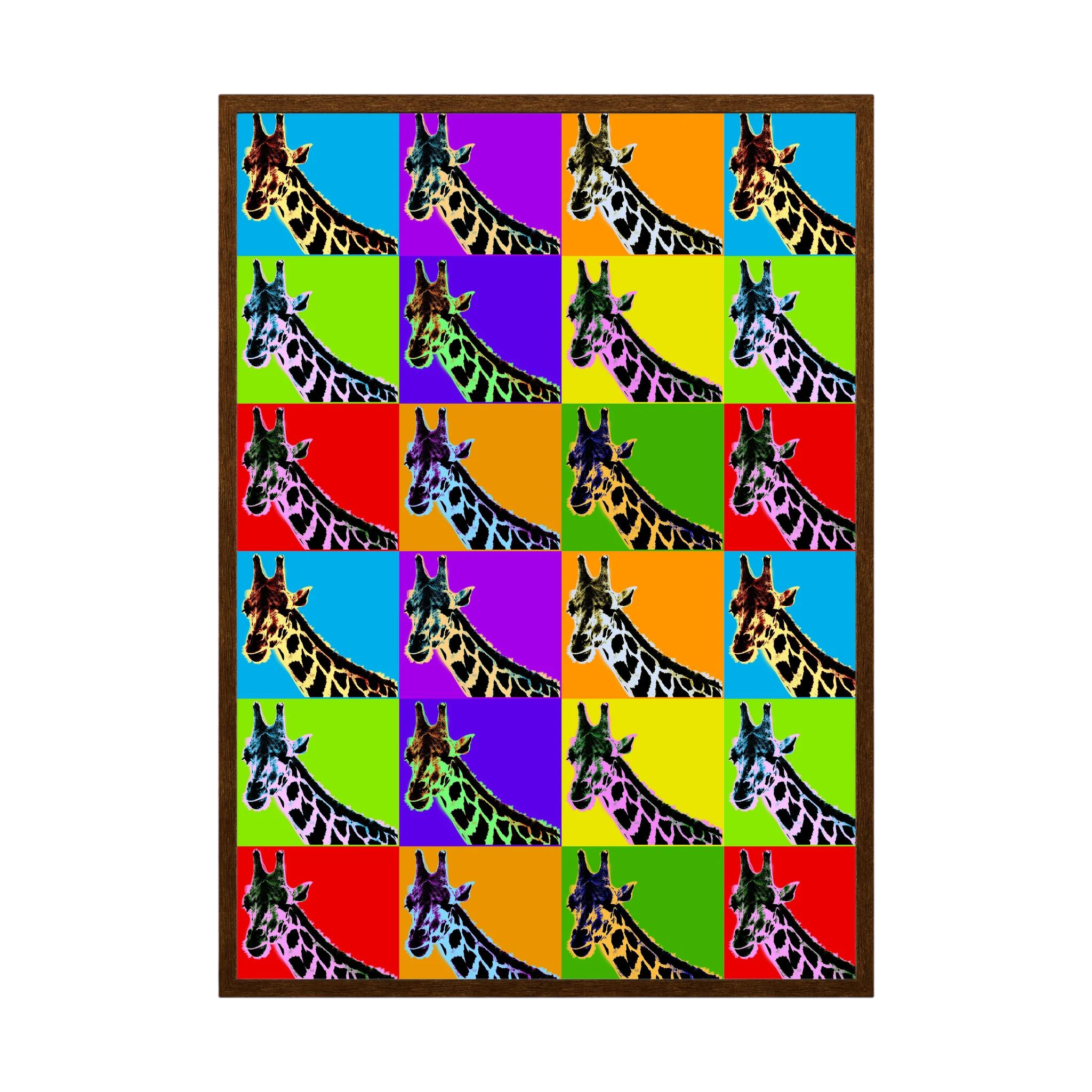 Grid of repeating giraffe portraits set against bright blue, purple, orange, green, yellow and red panels, shown in product view 4.