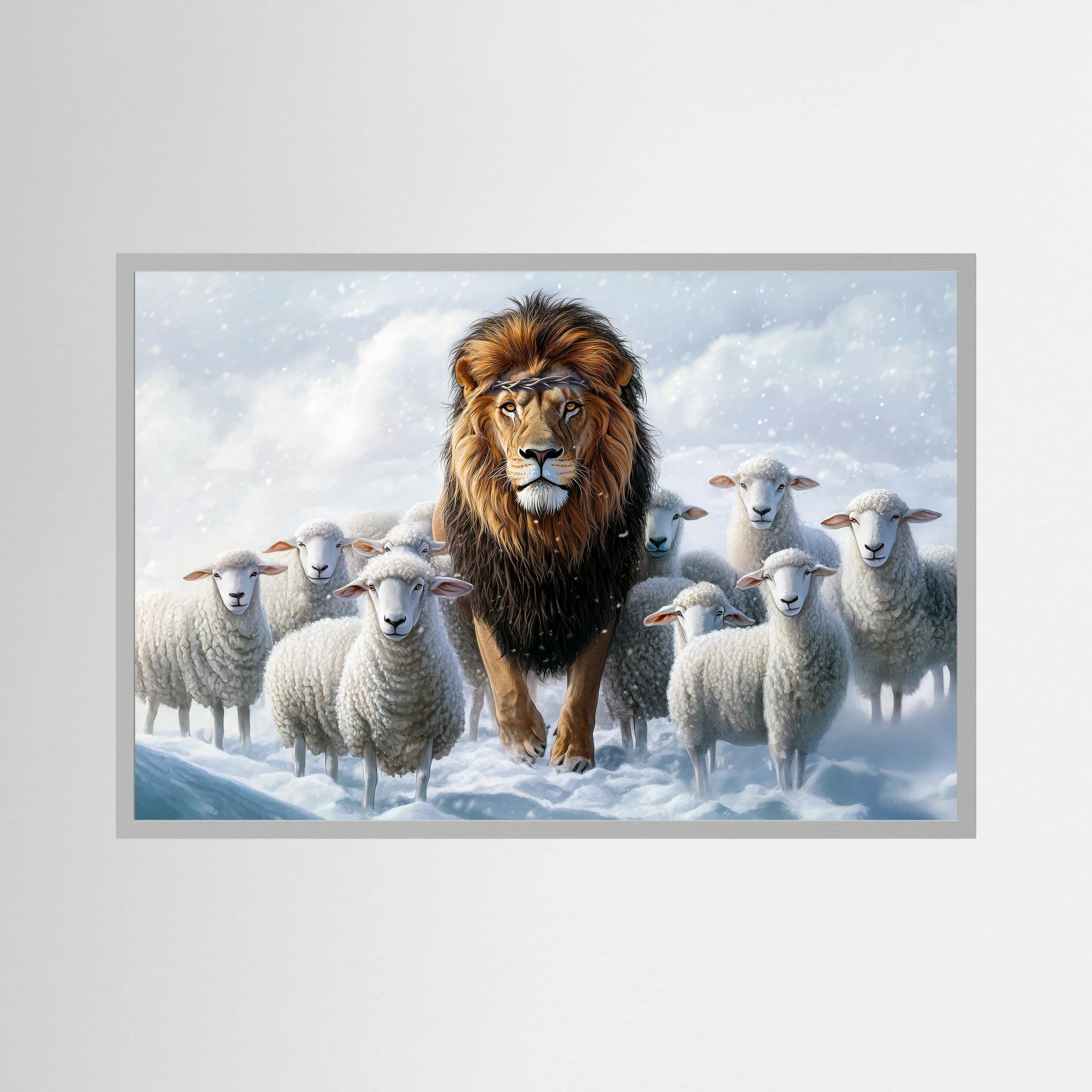 Golden-maned lion walks among white sheep through a softly lit snowy landscape.