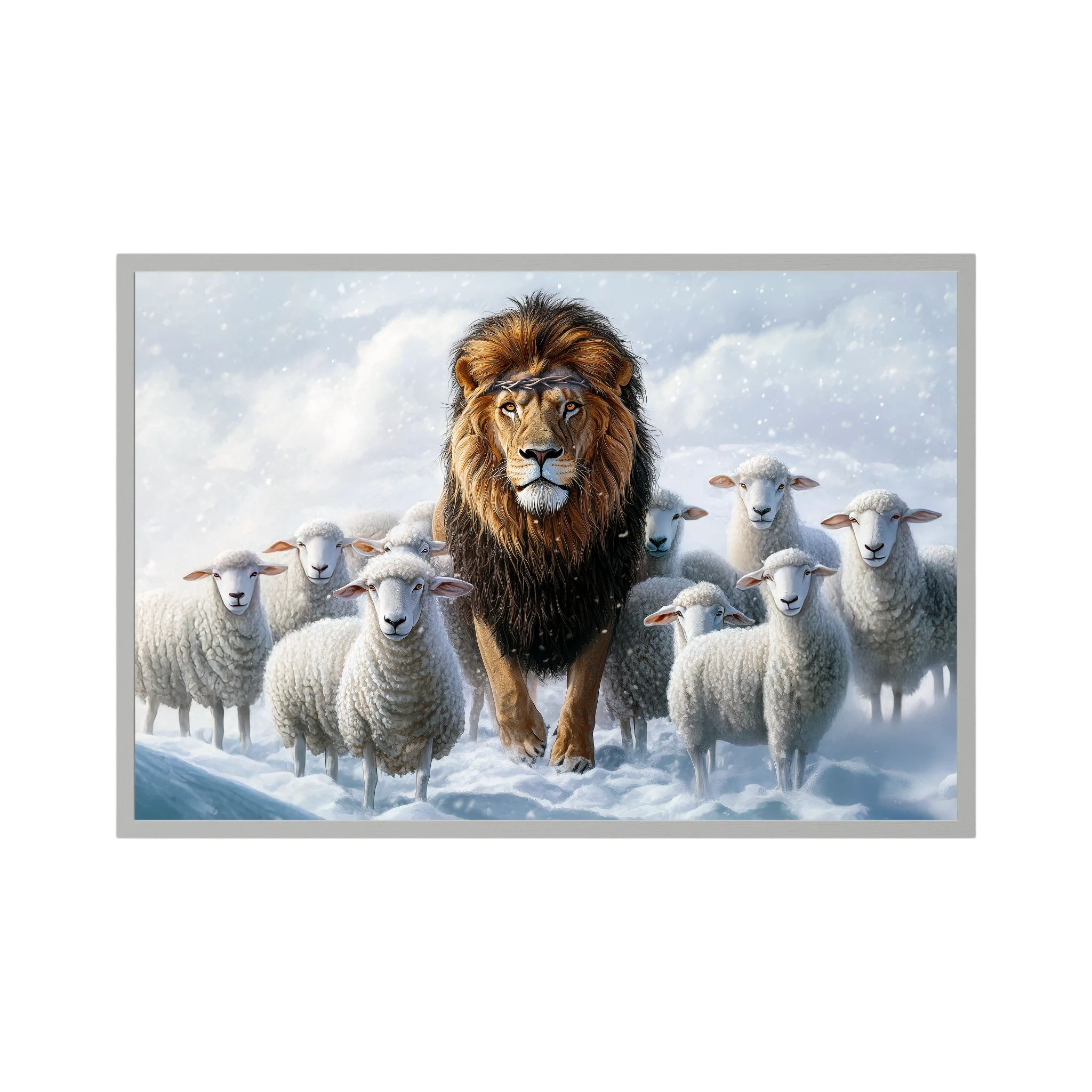 Golden-maned lion walks among white sheep through a softly lit snowy landscape.