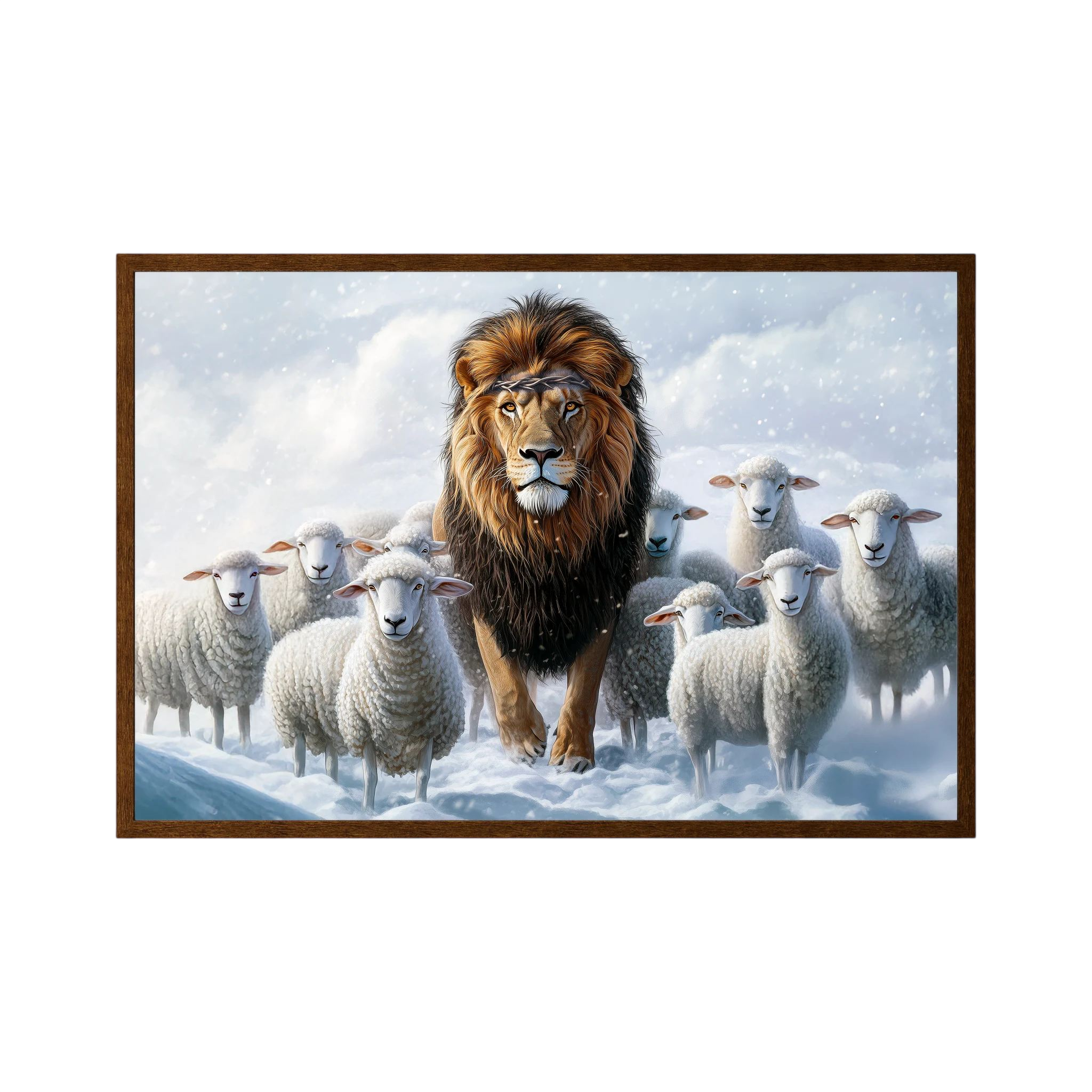 Golden-maned lion walks among white sheep through a softly lit snowy landscape, shown in product view 4.