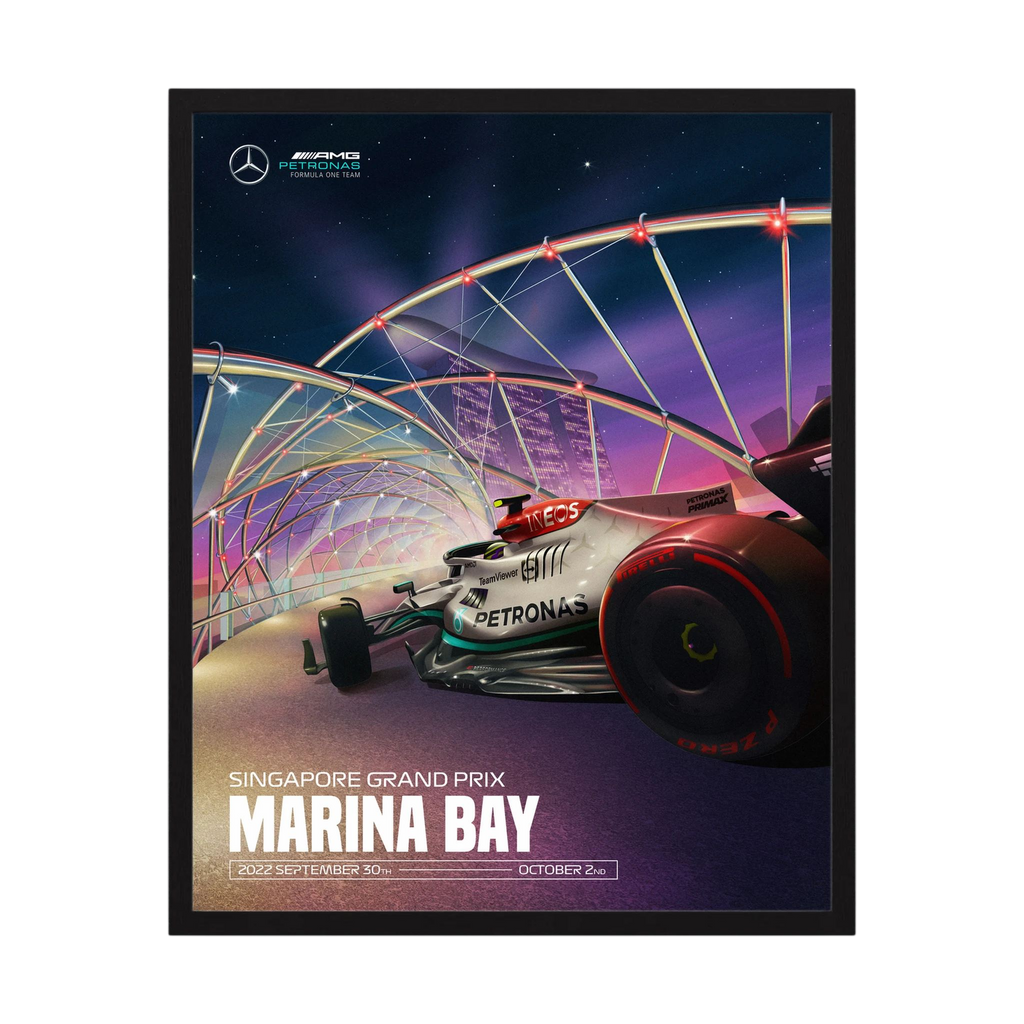 Mercedes Formula One car beneath illuminated Marina Bay architecture at the Singapore Grand Prix, shown in product view 3.