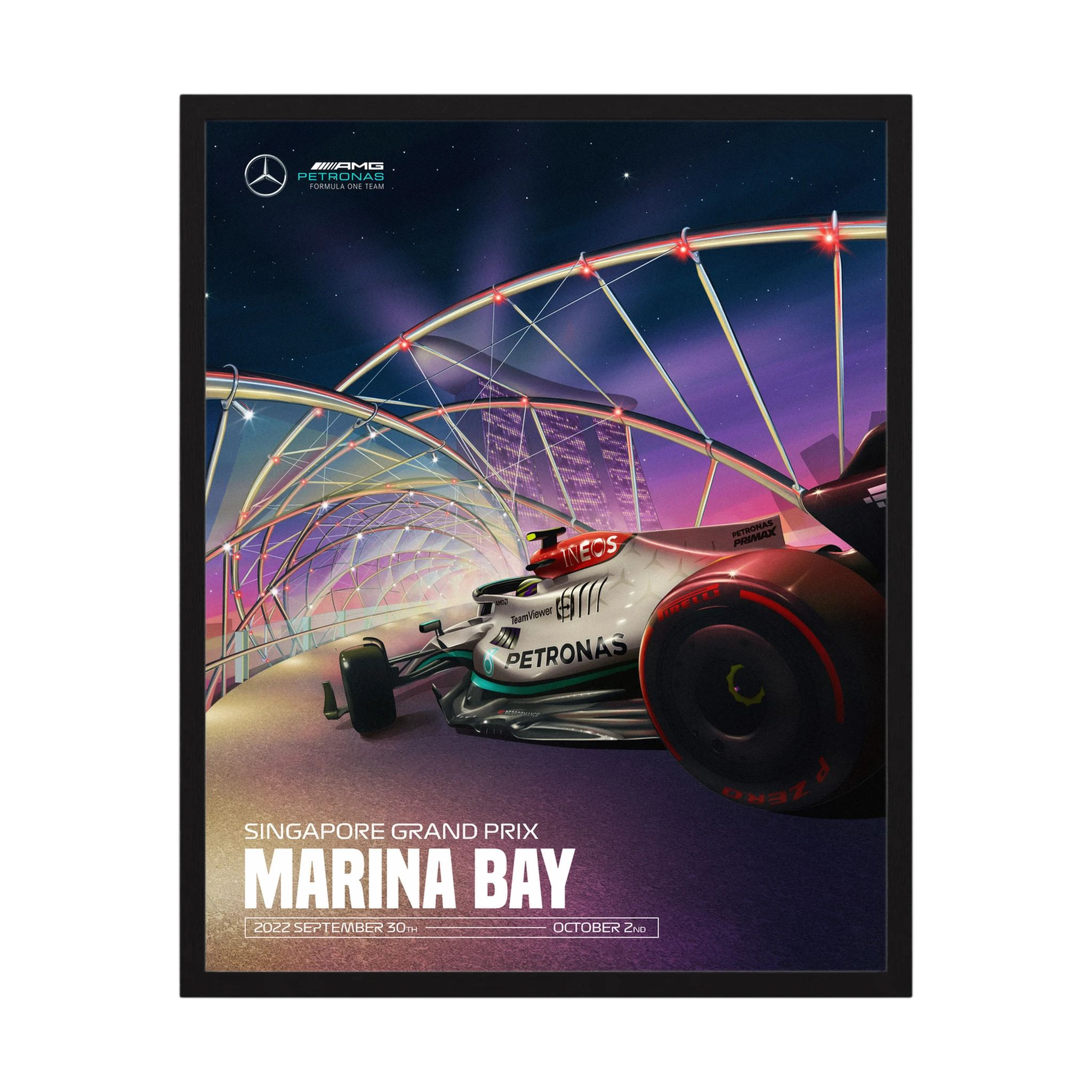 Mercedes Formula One car beneath illuminated Marina Bay architecture at the Singapore Grand Prix, shown in product view 3.
