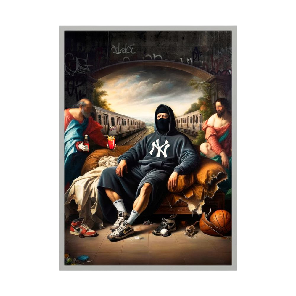 Renaissance-inspired street art group portrait, shown in a dark oak wooden frame.