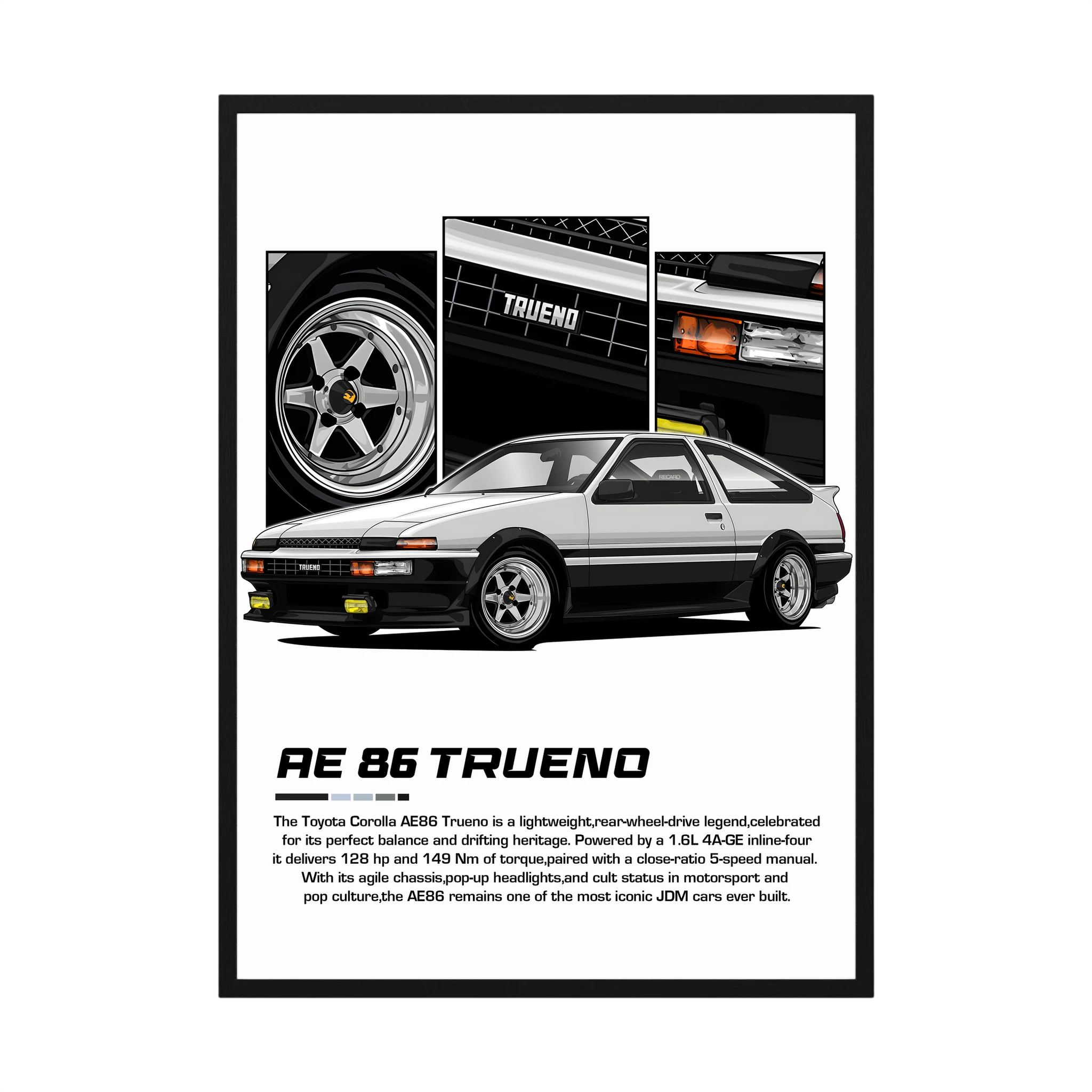 Black and white Toyota AE86 Trueno illustration with pop-up headlights and close-up panels.