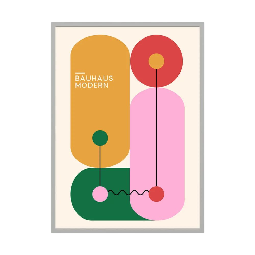 Colourful Bauhaus design with mustard, green and pink rounded geometric shapes.