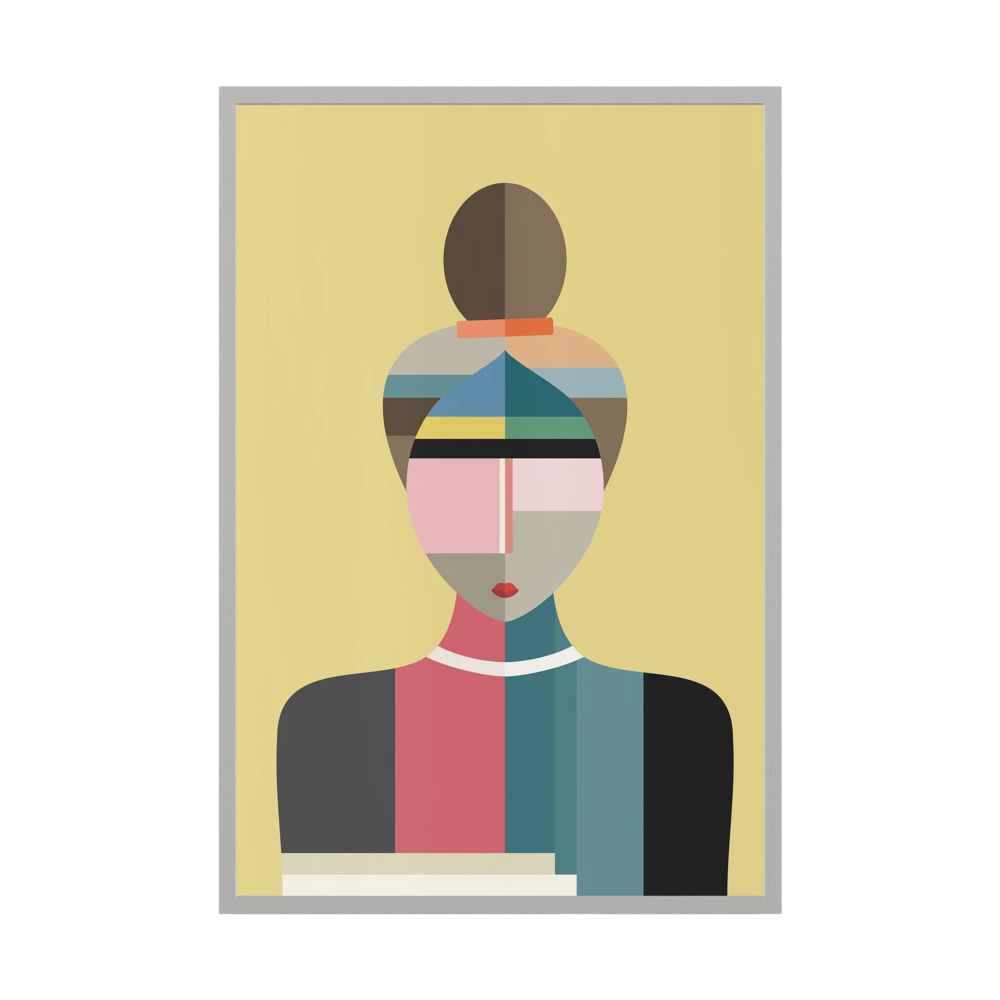 Faceted portrait of a woman with a high bun in muted teal, pink, yellow and charcoal, shown in product view 2.