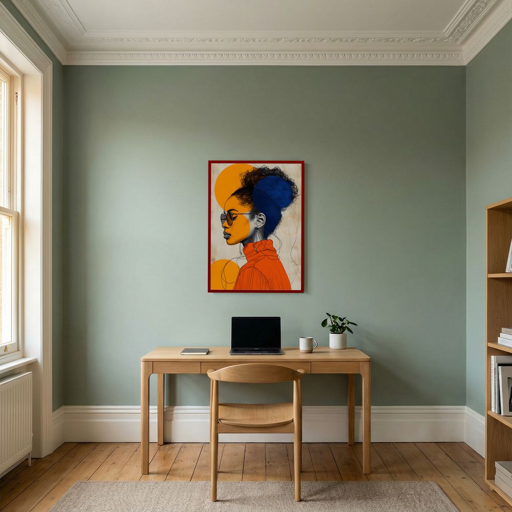 Solar Poise orange and blue fashion portrait print, product view 9.