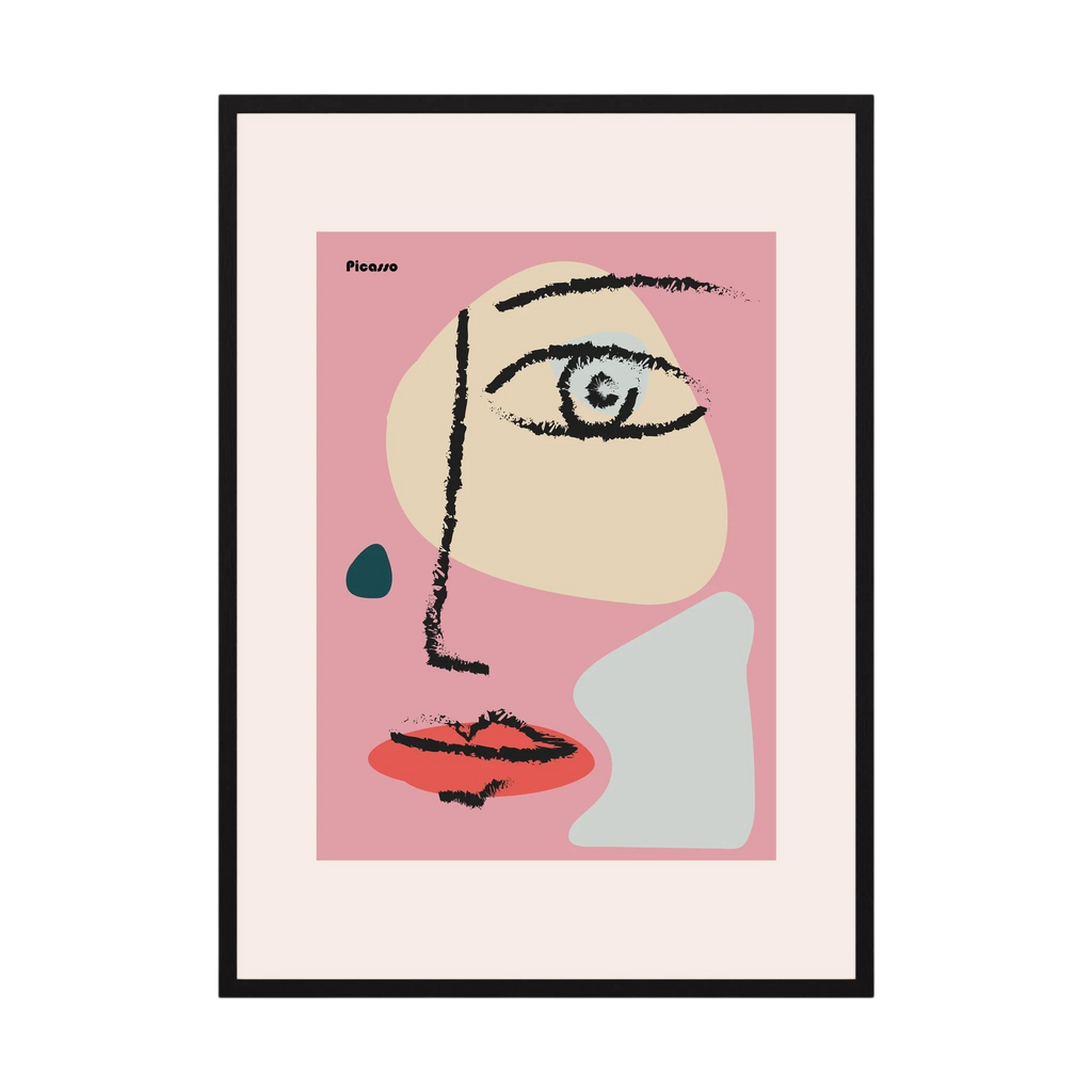 Black brush lines define one eye and red lips against blush pink, cream, pale blue and teal shapes, shown in product view 5.