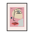 Black brush lines define one eye and red lips against blush pink, cream, pale blue and teal shapes, shown in product view 5.