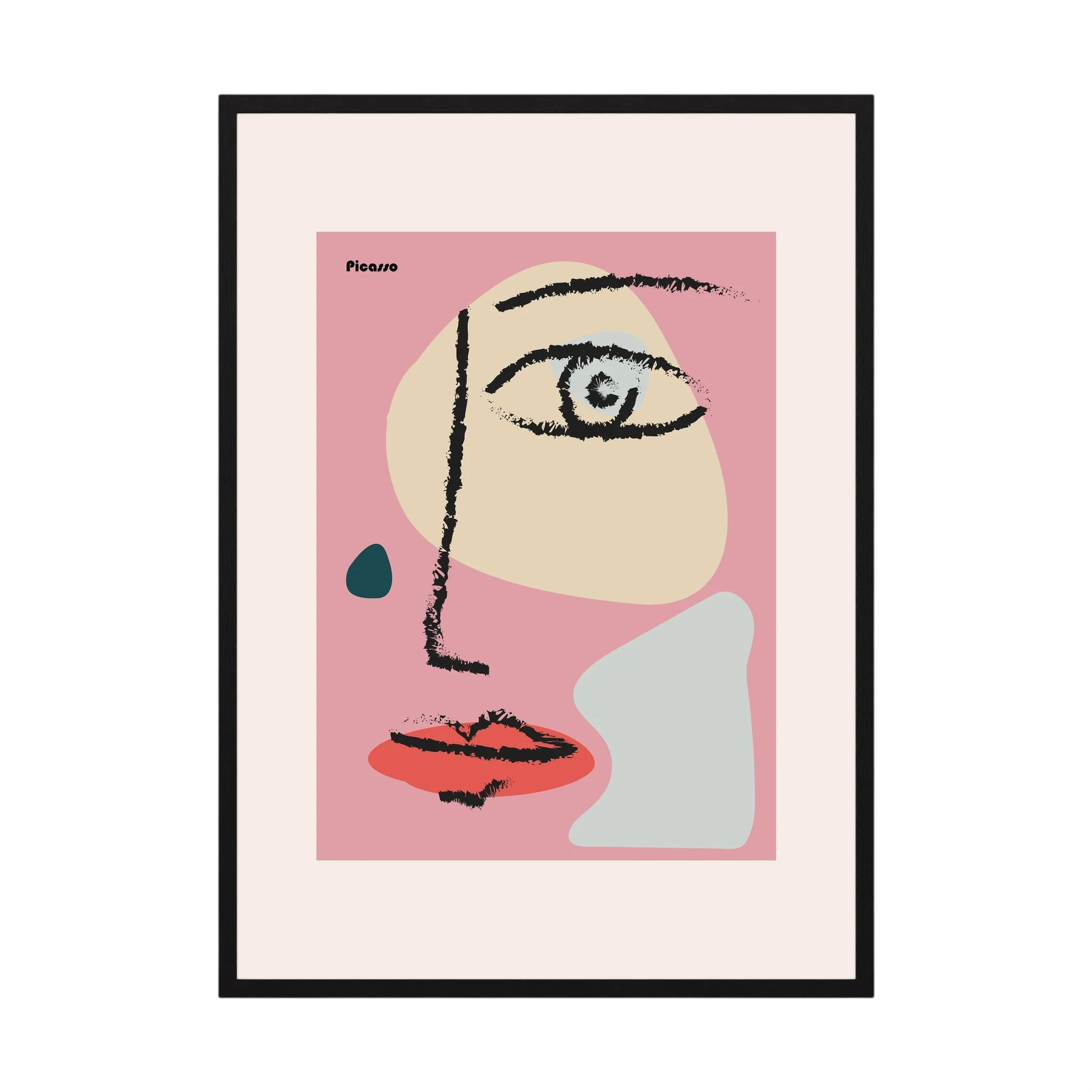 Black brush lines define one eye and red lips against blush pink, cream, pale blue and teal shapes, shown in product view 5.