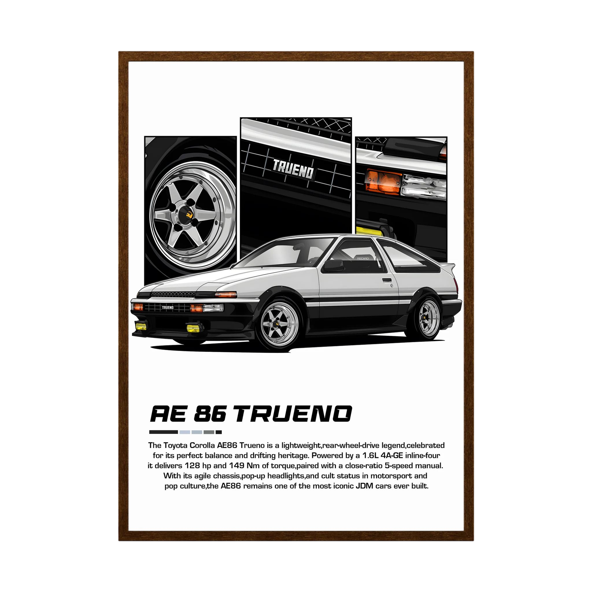 Black and white Toyota AE86 Trueno illustration with pop-up headlights and close-up panels.