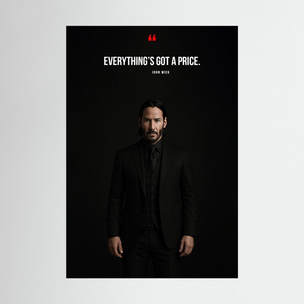 Dark suited male portrait with Everything's Got a Price quote.