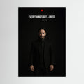 Dark suited male portrait with Everything's Got a Price quote.