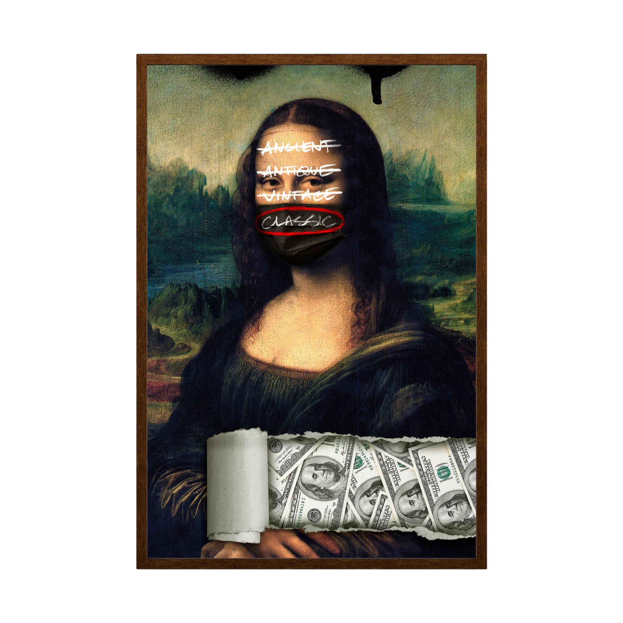 Mona Lisa wears a black mask marked classic above a torn collage of banknotes and crossed-out labels, shown in product view 4.