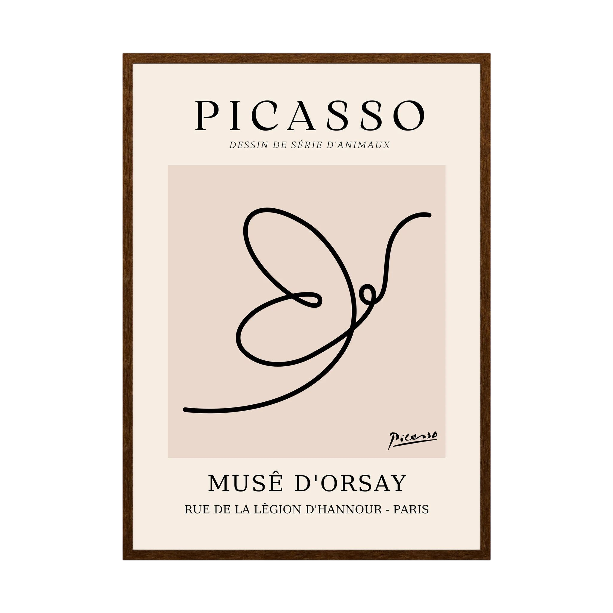 Single continuous black line forms a butterfly within a warm beige museum-style poster layout.