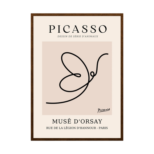 Single continuous black line forms a butterfly within a warm beige museum-style poster layout.