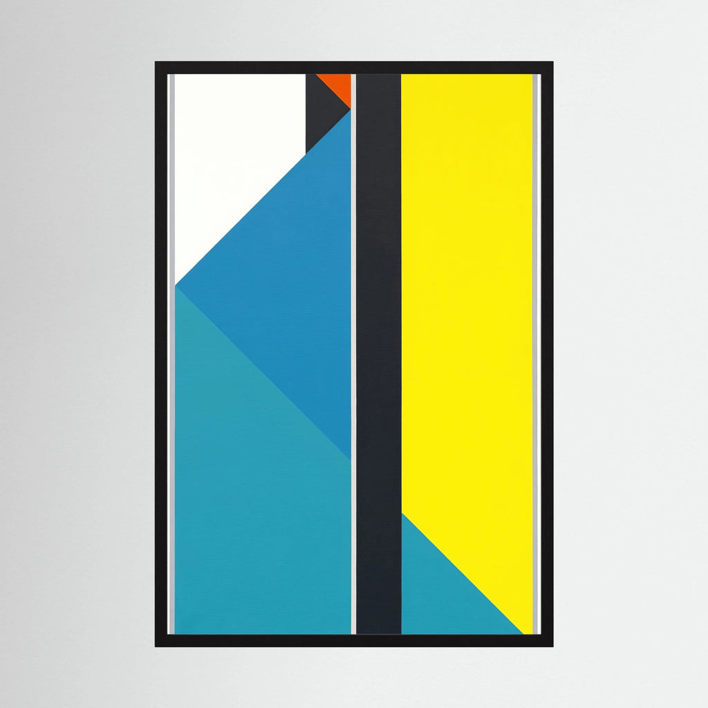 Blue and turquoise diagonal planes meet a vivid yellow field divided by a strong black stripe, shown in product view 4.