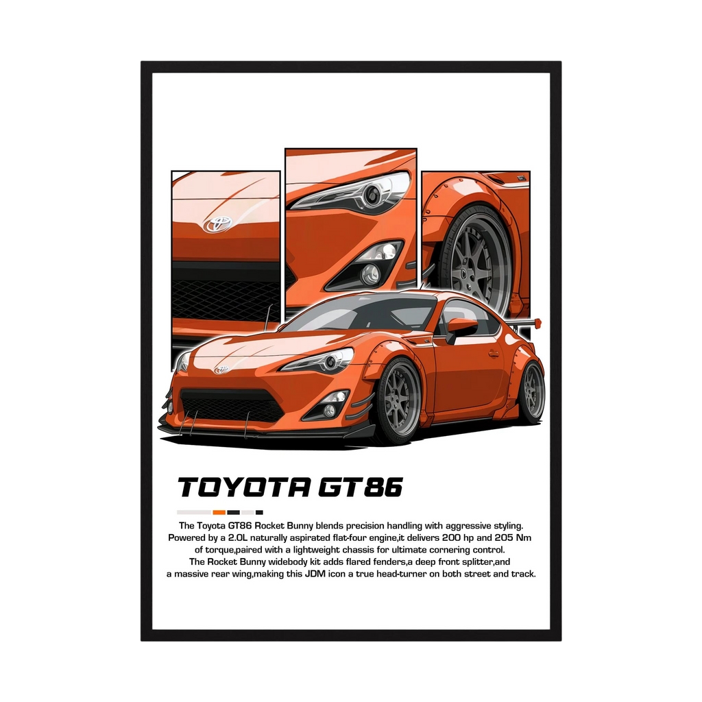 Orange Toyota GT86 illustration with close-up headlight, wheel and bodywork panels.