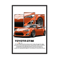Orange Toyota GT86 illustration with close-up headlight, wheel and bodywork panels.